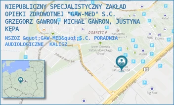 NSZOZ "GAW-MED"S.C. PORADNIA AUDIOLOGICZNE - NIEPUBLICZNY SPECJALISTYCZNY ZAKŁAD OPIEKI ZDROWOTNEJ "GAW-MED" S.C. GRZEGORZ GAWRON, MICHAŁ GAWRON, JUSTYNA GAWRON - GUSTAWA ARNOLDA FIBIGERA 1A,  KALISZ